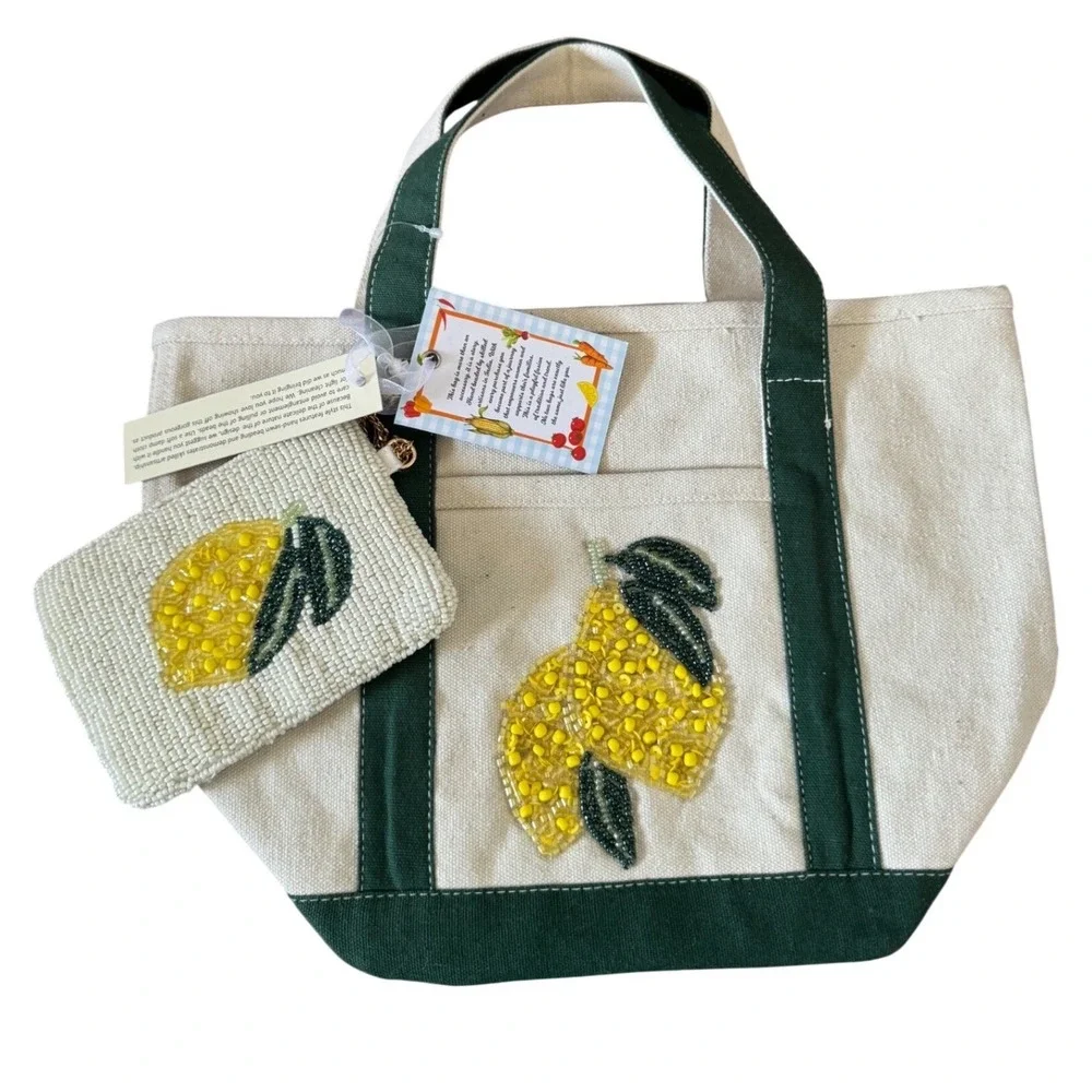 Viral‎ Beaded Farm Market Lemon Canvas Small Tote Green Base Assorted Bead Pouch